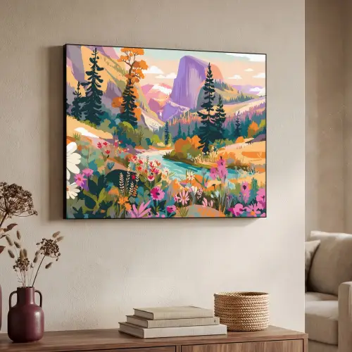 Rivier - Vallei vol bloemen - Levendig Textielframe zwart klein -sfeer3