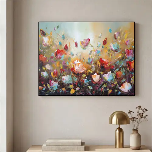 Bloemen - Kunst - Natuur - Olieverf Textielframe zwart klein -sfeer2
