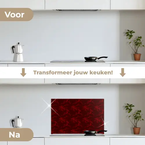Bloemen - Donkerrood - Patroon keuken achterwand spatscherm klein 900 -voor_na_NL