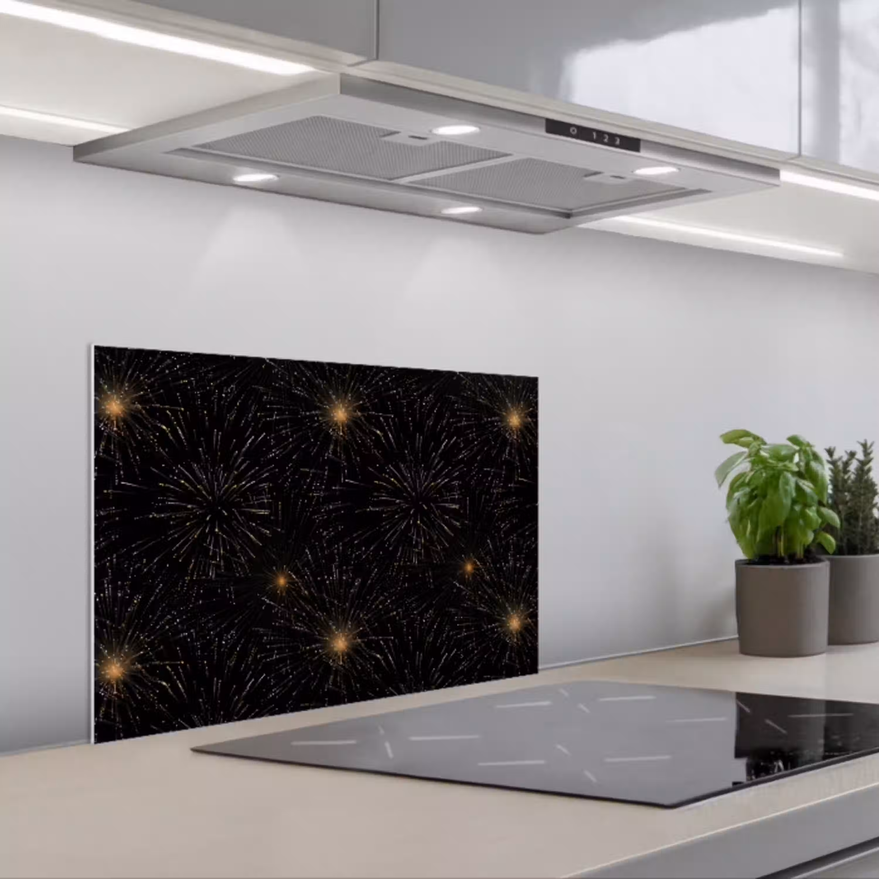 Vuurwerk - Patroon - Feestelijk - Goud - Zwart keuken achterwand spatscherm klein 900 -3d_schuin