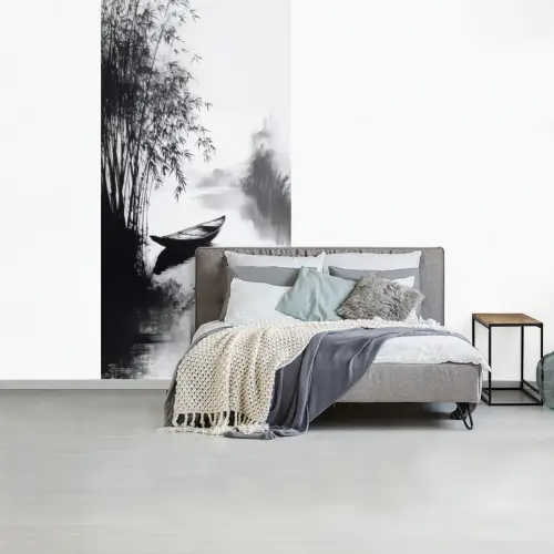 Boot - Rivier - Bamboe - Wit fotobehang vinyl groot -slaapkamer