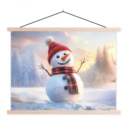 Sneeuwpop - Zonsondergang - Wit textielposter latten blank klein -3d