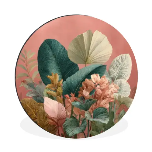 Tropische bladeren - Bloemen - Roze - groen Wandcirkel aluminium klein -3d