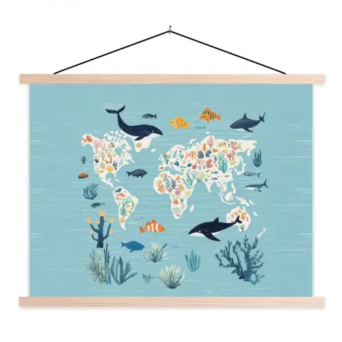 Wereldkaart - Zeeleven - Blauw textielposter latten blank klein -3d