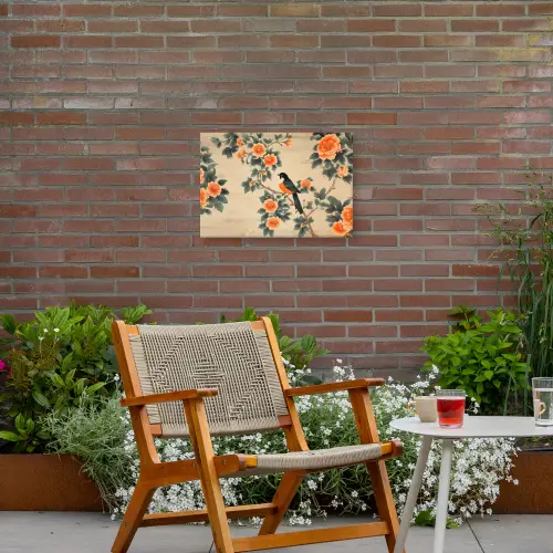 Vogel - Tak - Bloemen - Oranje Tuinposter op houten frame 2 cm dik klein -sfeer3