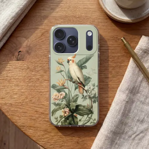 Gele kuifkaketoe - paradijsvogelbloemen - Groen Telefoonhoesje iPhone 17 Pro klein -sfeer1