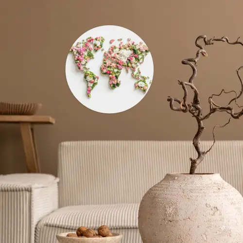 Wereldkaart - Bloemen - Subtiel Wandcirkel behangsticker klein -sfeer1