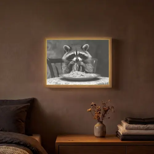 Wasbeer - Cute - Pasta - Tafelkleed - Zwart - Wit Light Box met batterij (Wandlamp) middel -sfeer4