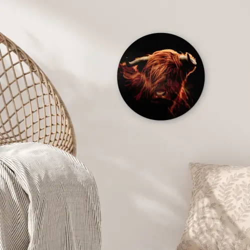 Schotse hooglander - Koe - Hoorns - Portret - Dieren Wandcirkel kunststof plaat 5mm dik klein -sfeer5
