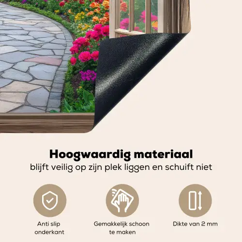 Doorkijk - Bloemen - Tuinpad - Natuur - Raam Inductie beschemer met haakjes klein -ky-onderkant-nl