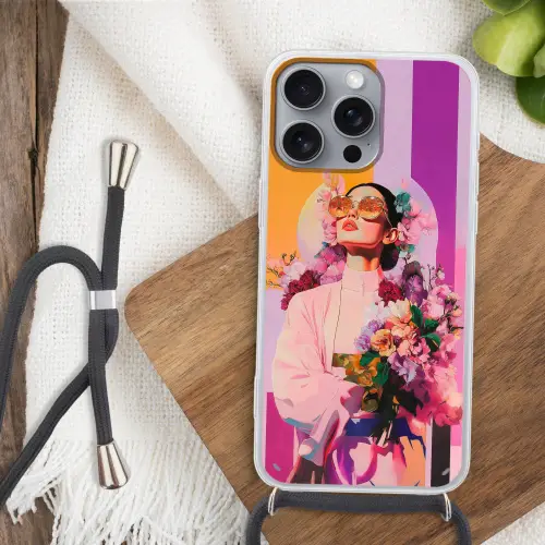 Portret - Vrouw - Abstract - Bloemen Hoesje iPhone 16 Pro Max met koord klein -sfeer4