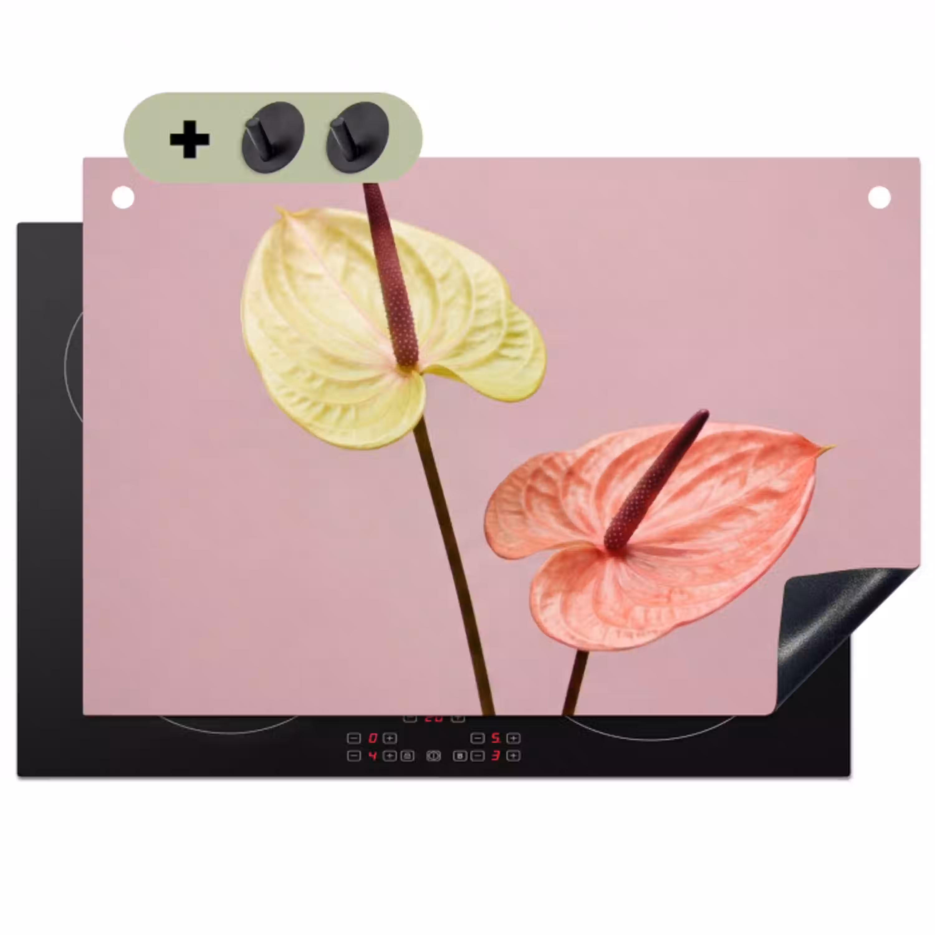 Bloemen - Anthuriums - Geel - Roze Inductie beschemer met haakjes klein -3d