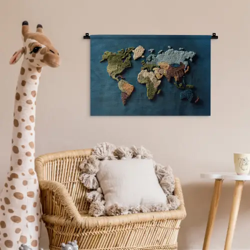 Wereldkaart - Geborduurd - Verschillende tinten Wandkleed katoen klein -wsfeer5_kind