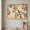 Vogel - Tak - Bloemen - Oranje Textielframe zwart klein -sfeer2
