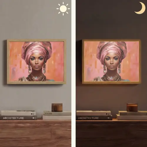 Kunst - Vrouw - Roze - Sieraden - Portret Light Box met batterij (Wandlamp) middel -sfeer3