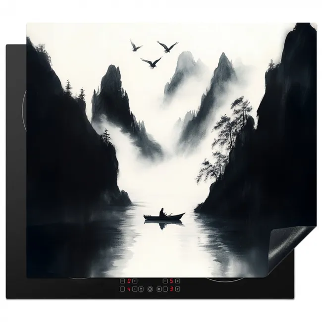 Roeiboot - Mistig - Bergen - Vogels Inductie beschermer vinyl 3mm middel -3d