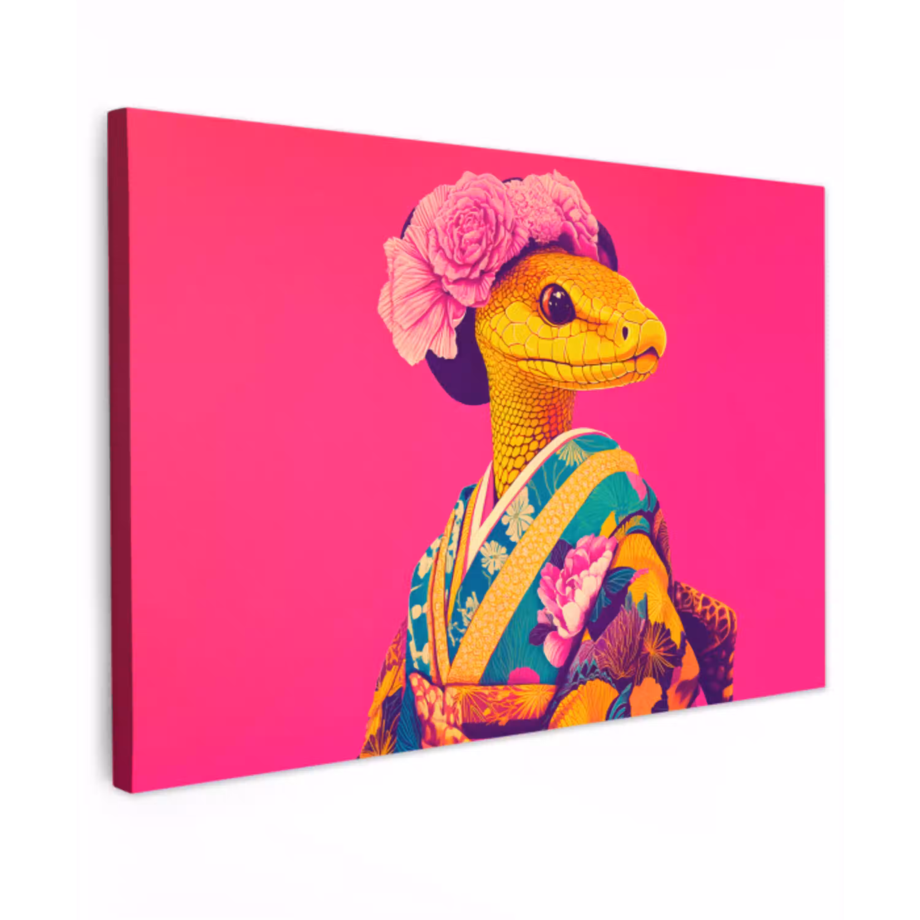 Hagedis - Bloemen - Roze - Kimono Tuinposter op houten frame 2 cm dik klein -3d