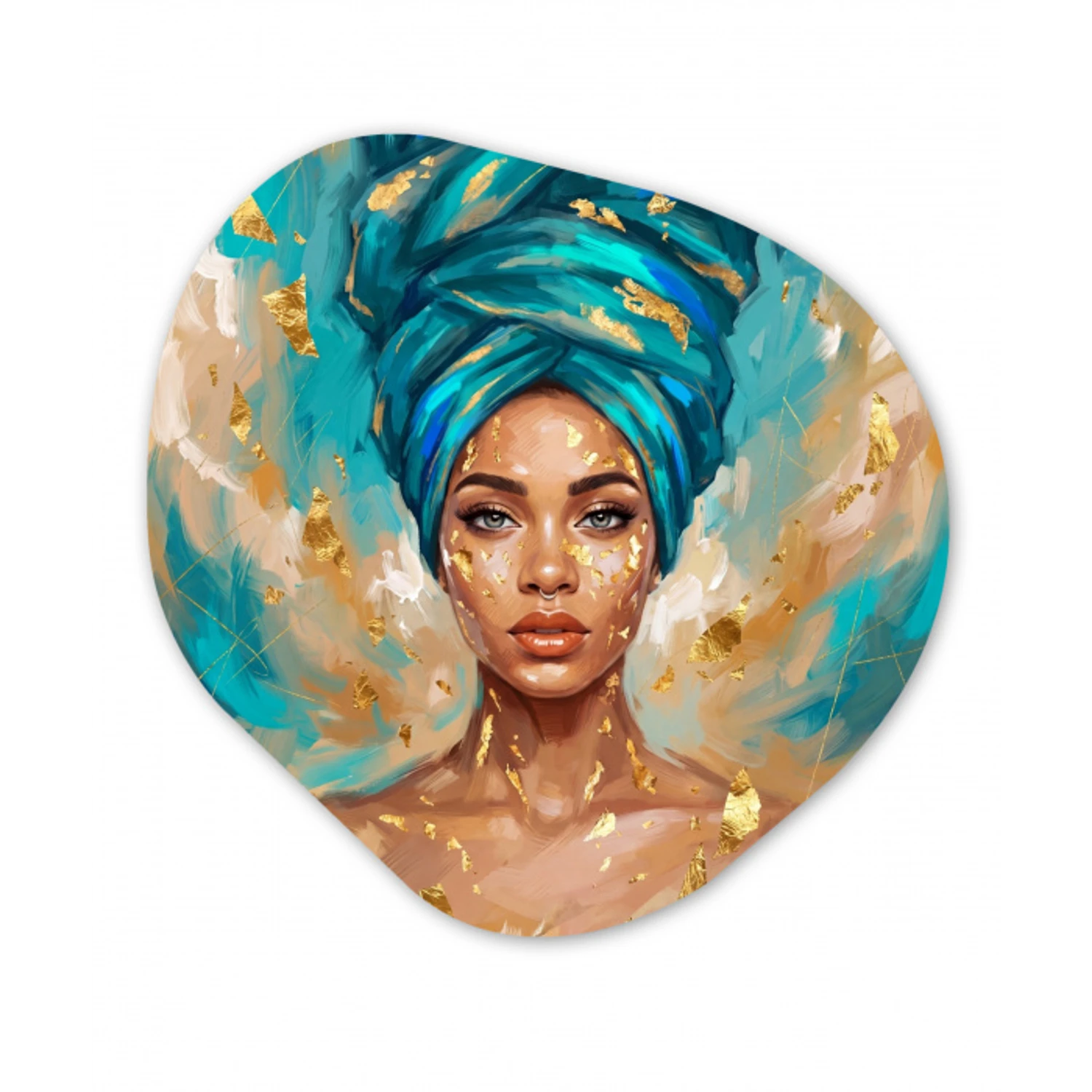 Portret - Vrouw - Schilderij - Blauw - Goud - Expressief Wandcirkel Organisch Aluminium middel -3d