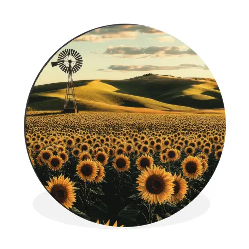 Zonnebloem - Veld - Windmolen Wandcirkel aluminium klein -3d