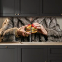 Vrouw - Hamburger - Bontjas keuken achterwand 2 middel -sfeer1