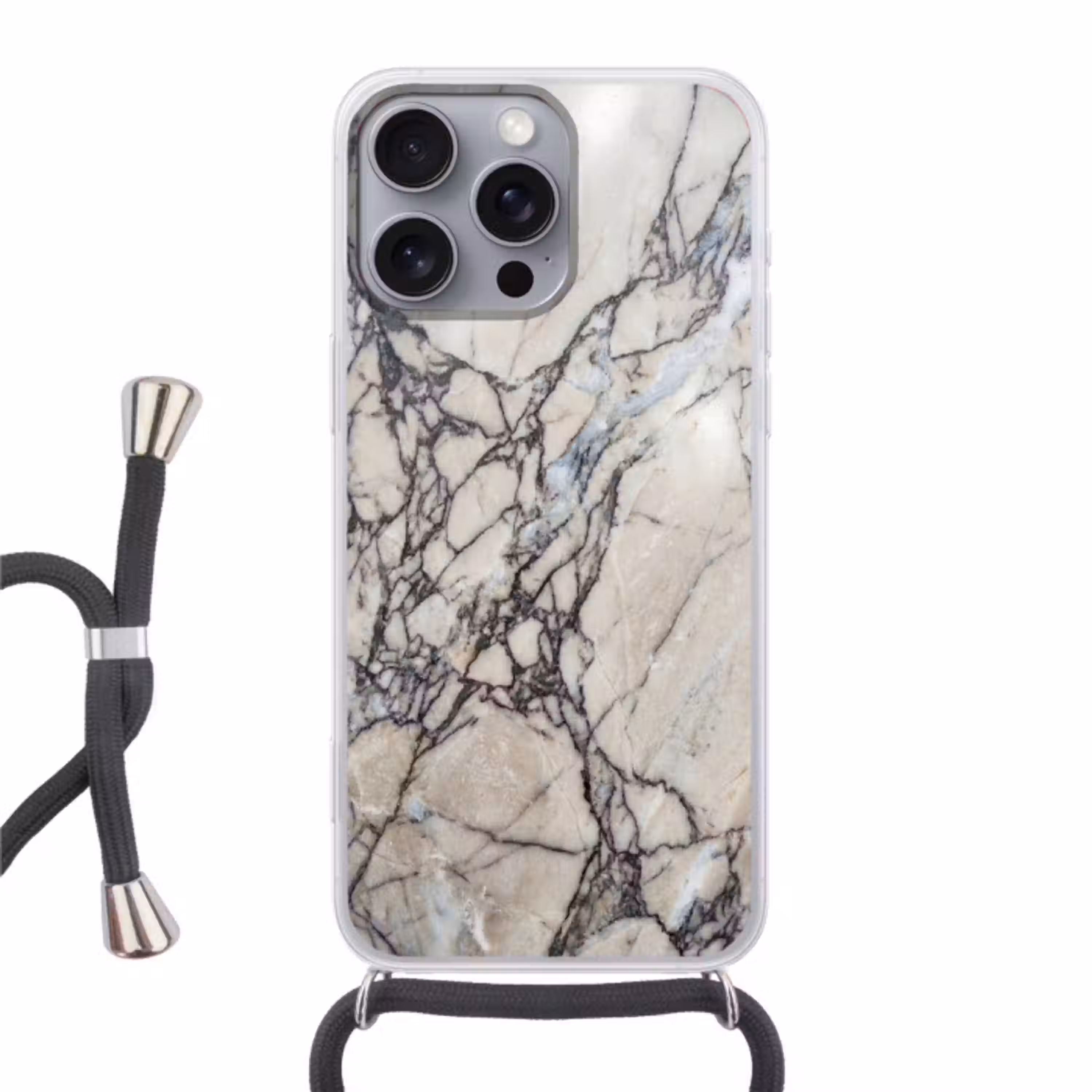 Marmer - Aderen - Patroon - Wit - Grijs Hoesje iPhone 16 Pro Max met koord klein -3d