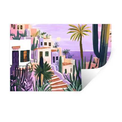 Huizen - Minimalistisch - Palmbomen - Kust Muursticker klein -3d