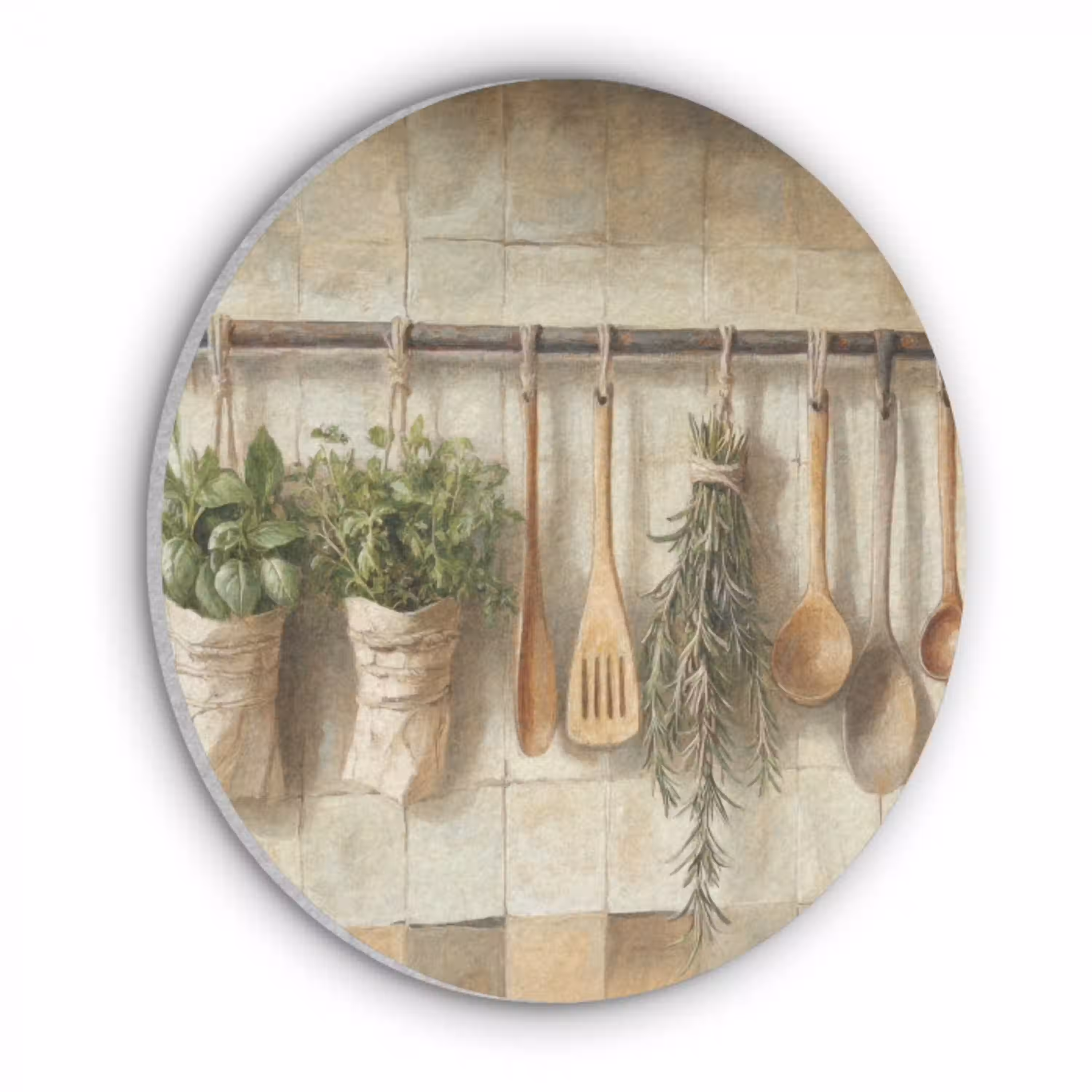 Hout - Keukengerei - Stilleven - Tegels Akoestische PET Vilt - Rond klein -3d