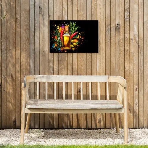 Olijfolie - Graffiti - Peper - Olijven - Modern Tuinposter op houten frame 2 cm dik klein -sfeer4