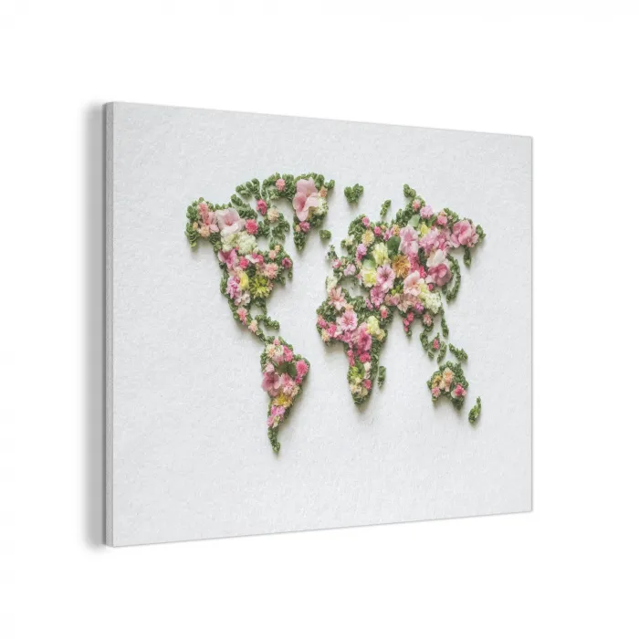 Wereldkaart - Kleurrijk - Bloemen - Lente PET vilt klein -3d