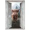 Oude deuren naar Schotse Hooglander tuinposter los doek klein -3d