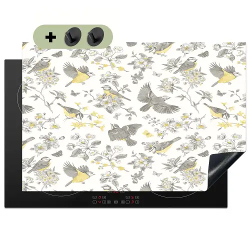 Birds - Flowers - Gray - Yellow Inductie beschemer met haakjes klein 777 -3d