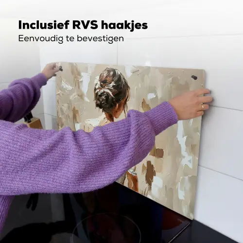 Vrouw - Verf - Abstract - Beige - Modern Inductie beschemer met haakjes klein -ky-ophangen-nl