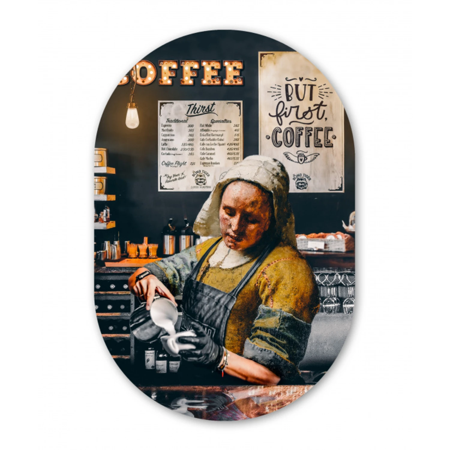 Melkmeisje - Barista - Koffie - Vintage - Kunst - Abstract - Schilderij - Oude meesters Wandcirkel Ovaal Forex klein -3d