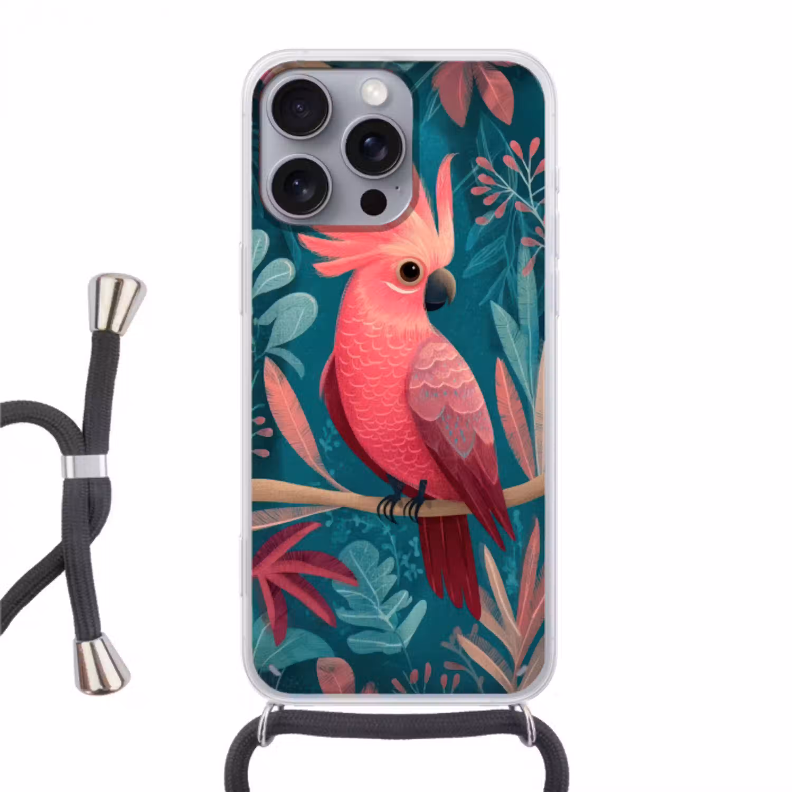 Kaketoe - Tropische bladeren - Tak Hoesje iPhone 16 Pro Max met koord klein -3d