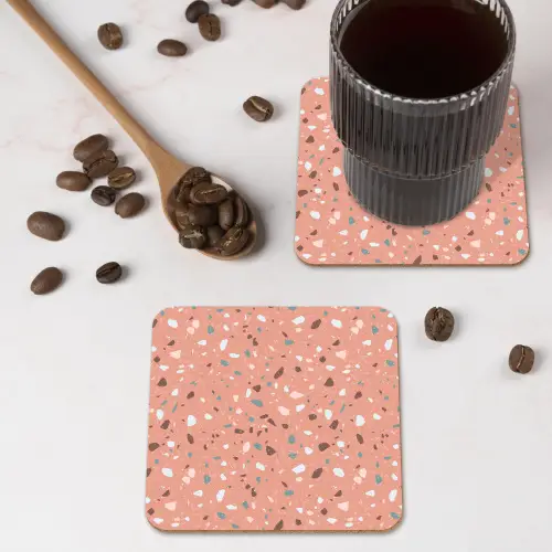 Terrazzo -  Patroon - Kleurrijk - Roze - Blauw onderzetter kurk middel 366 -sfeer2
