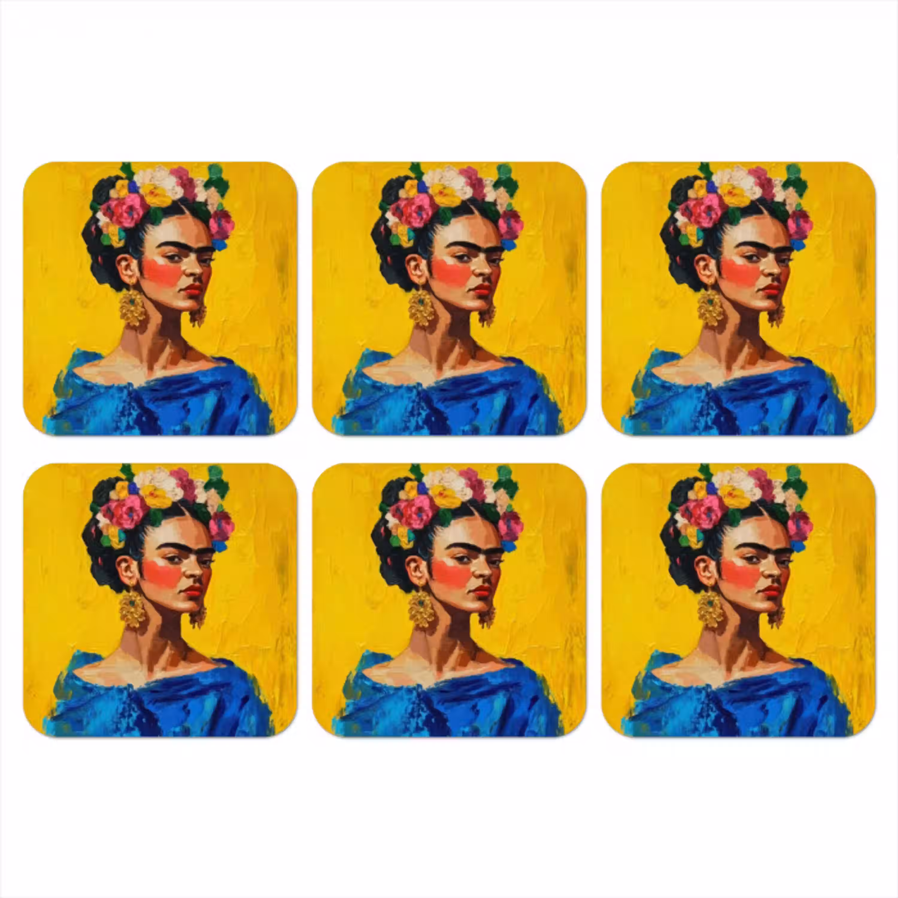 Frida Kahlo - Vrouw - Geel - Blauw - Bloemen onderzetter kurk middel -3d