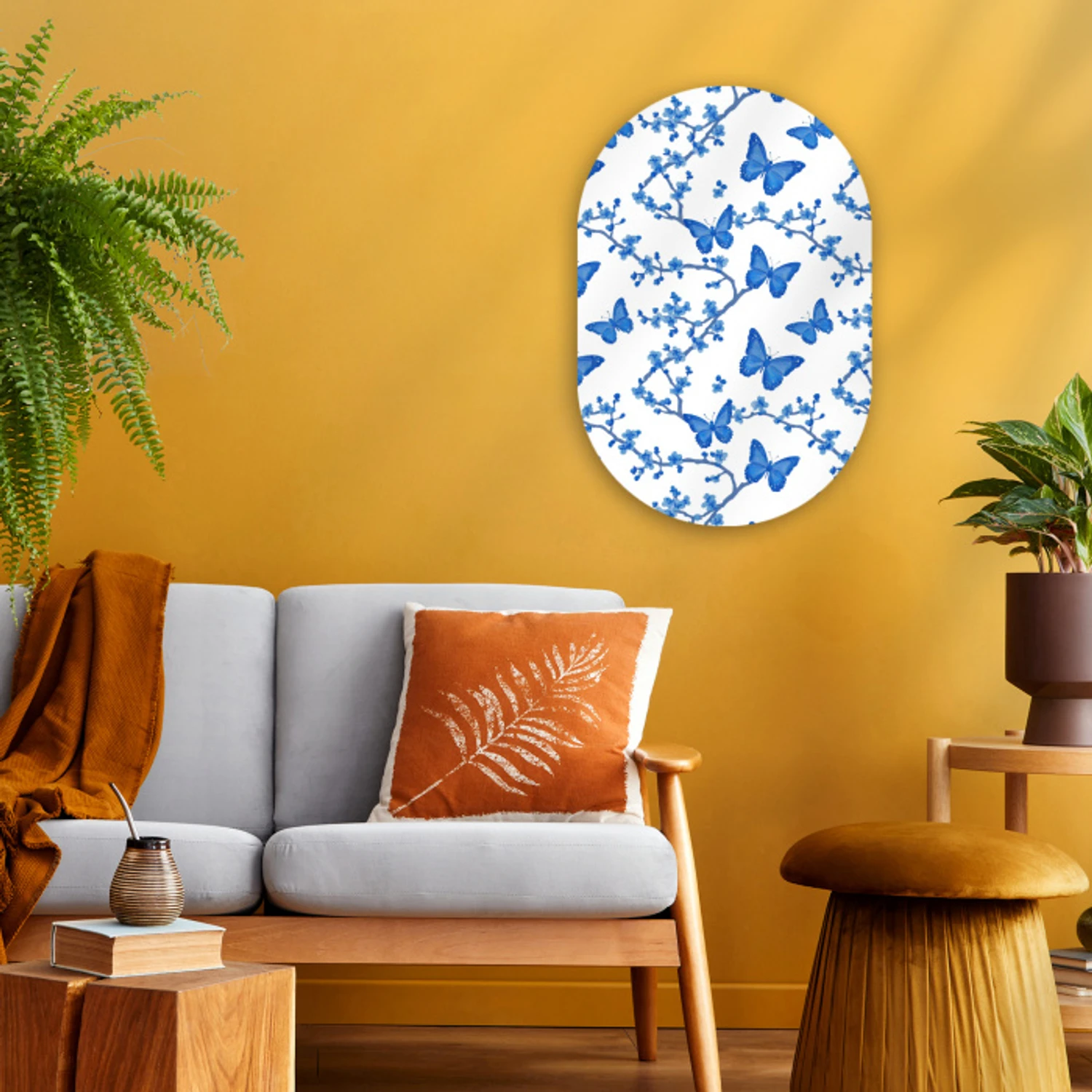 Vlinder - Bloemen - Blauw Wandcirkel Ovaal Forex klein 630 -sfeer4
