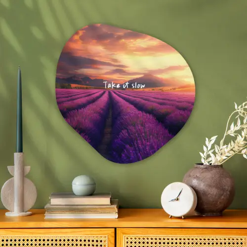 Lavendelveld - Quote - Zonsondergang Wandcirkel Organisch Plexiglas middel -sfeer2