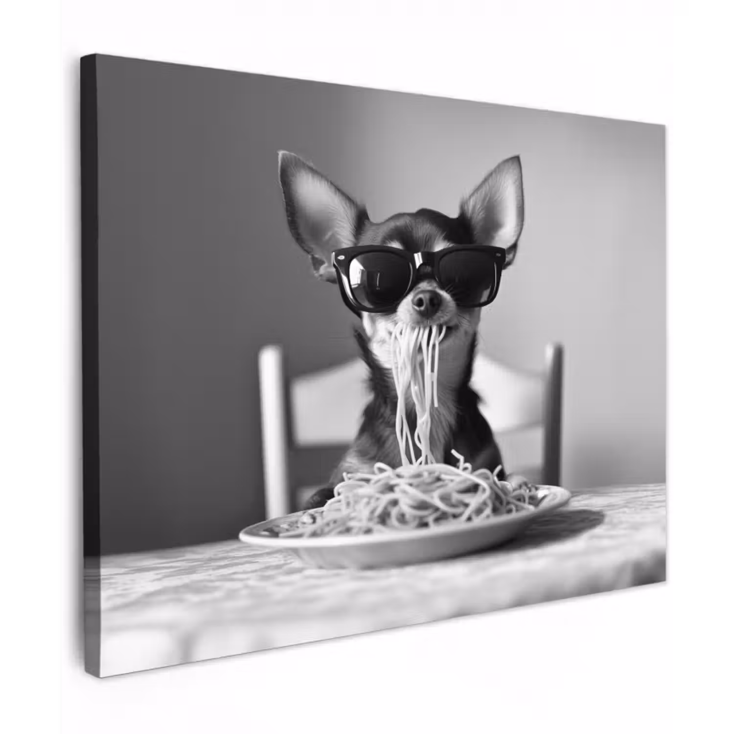 Leinwandbild - Chihuahua - Hund - Sonnenbrille - Humorvoll - Schwarz - Weiß - Spaghetti