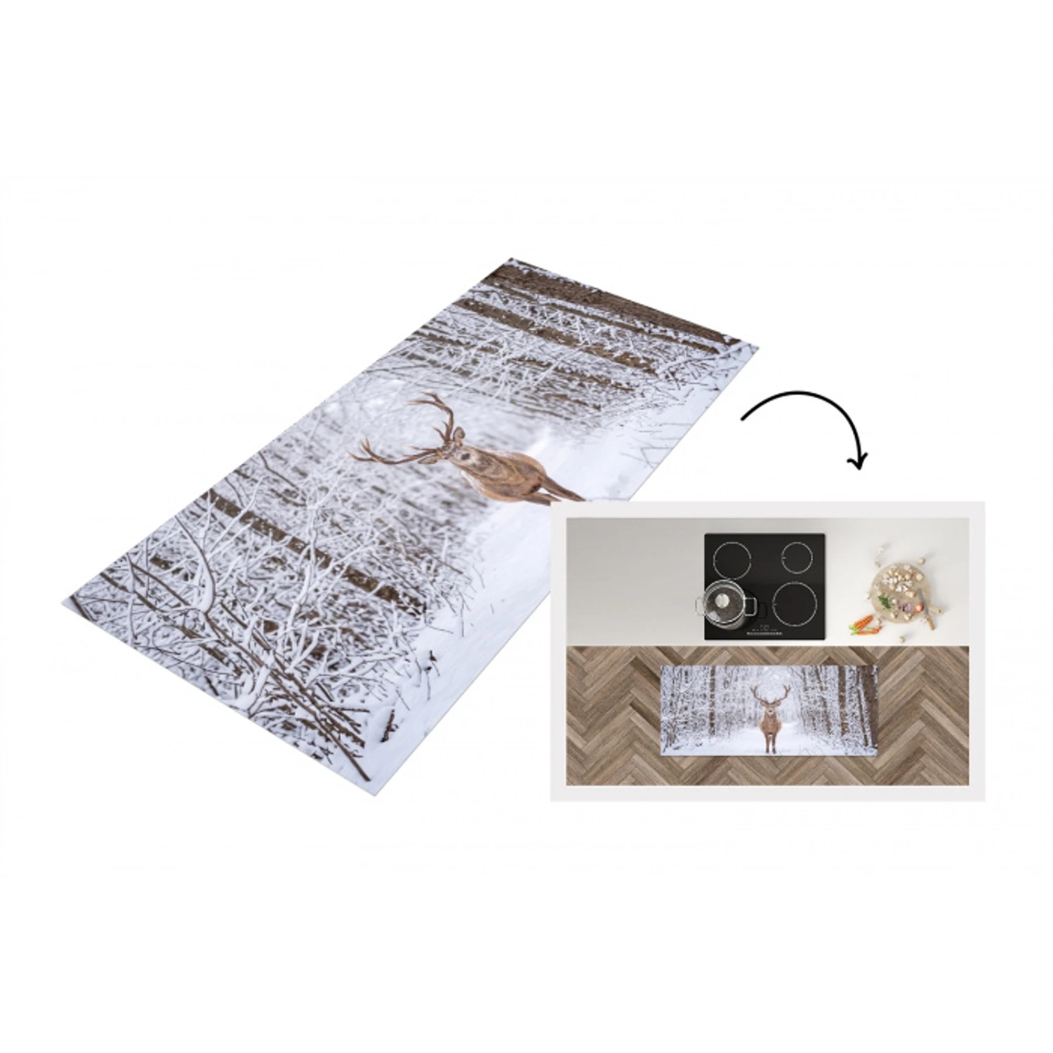 Hert - Winter - Bos - Natuur - Wit Keukenloper - keukenmat middel -3d