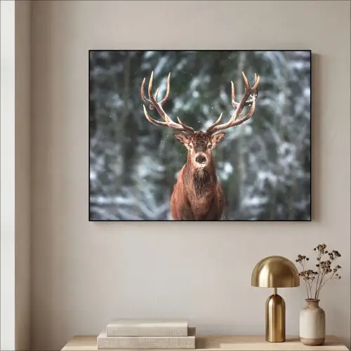 Hert - Winter - Sneeuw - Bos - Natuur - Dier Textielframe zwart klein -sfeer2