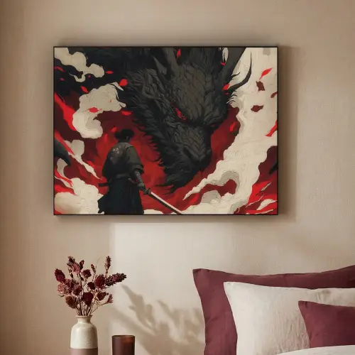 Krijger - Draak - Zwart - Rood - Rook Textielframe zwart klein -sfeer1
