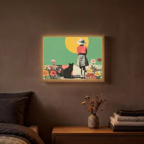 Retro - Meisje - Kat - Zon Light Box met batterij (Wandlamp) middel -sfeer4