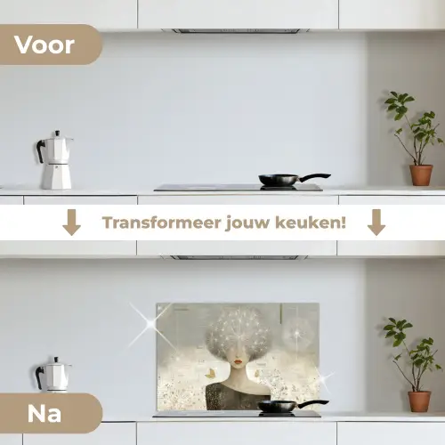 Pluis - Vrouw - Beige keuken achterwand spatscherm klein -voor_na_NL
