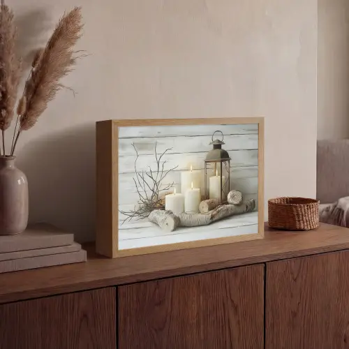 Stilleven - Wit - Kaarsen - Rustiek - Natuur Light Box met batterij (Wandlamp) middel -sfeer2