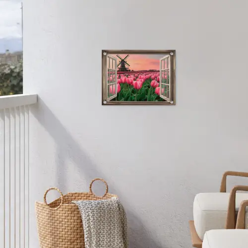 Doorkijk - Tulpen - Bloemen - Molen - Raam tuinposter los doek klein -sfeer8