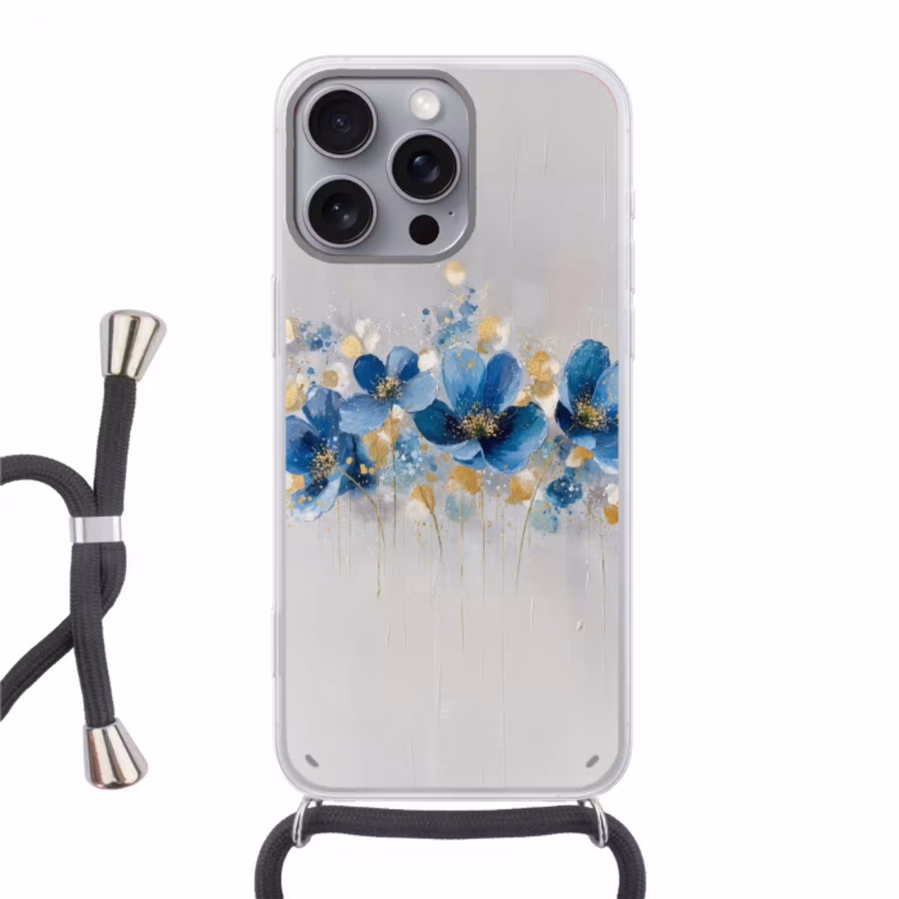 Bloemen - Blauw - Abstract Hoesje iPhone 16 Pro Max met koord klein -3d