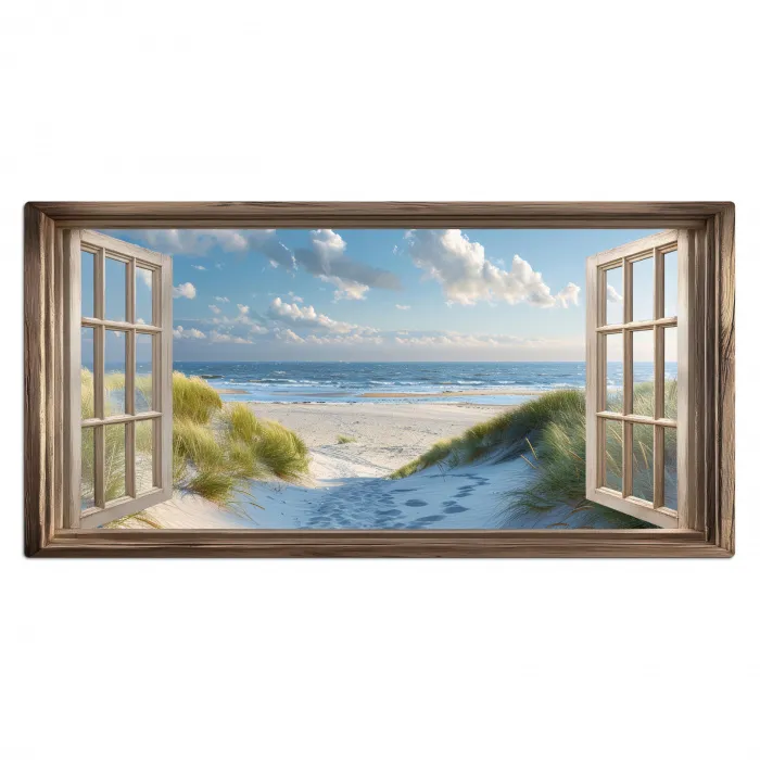 Doorkijk - Strand - Raam - Duinen - Zee Muismat XXL klein -3d_leeg