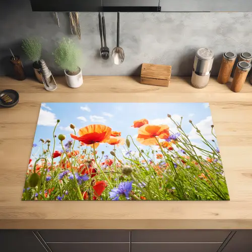 Bloemen - Klaproos - Lente - Natuur - Rood - Blauw Inductie beschermer vinyl 3mm klein -sfeer5