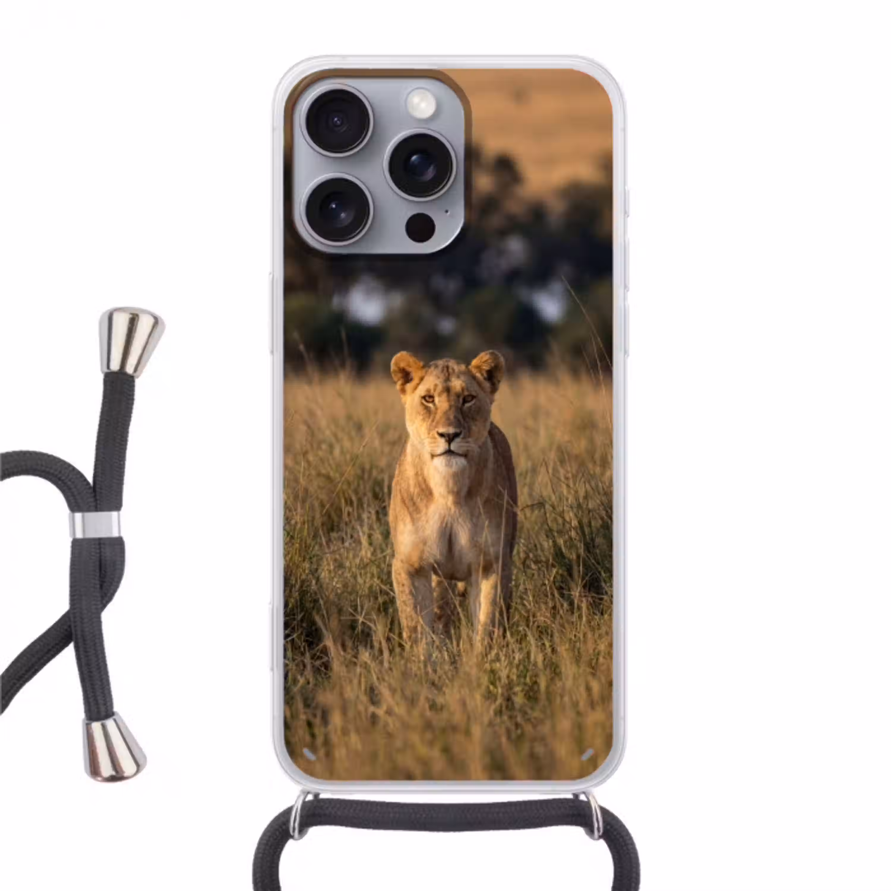 Leeuwin - Gras - Geel Hoesje iPhone 16 Pro Max met koord klein -3d